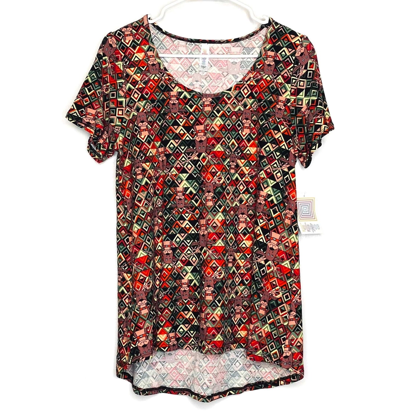 LuLaRoe Womens S Multicolor Reindeer Triangle Pattern Classic T S/s Top NWT