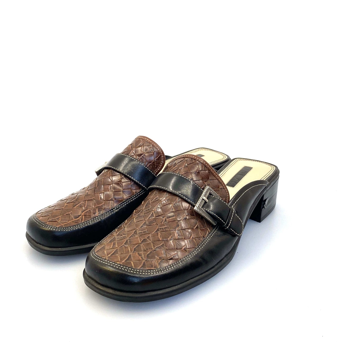 Stunning UNISA Womens Black/Brown Size 9 Weave Dress Mules Shoes w/Buckle