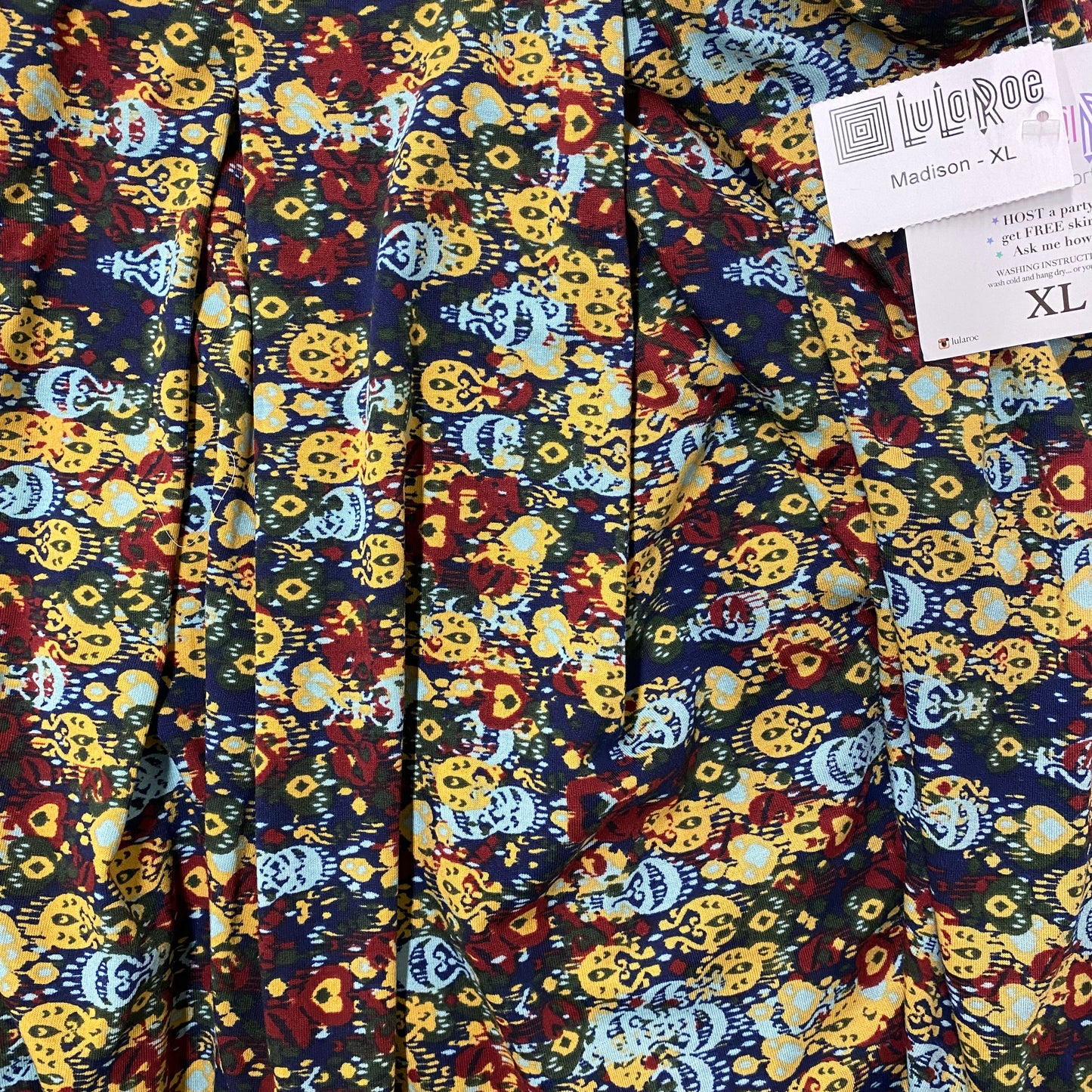 LuLaRoe Madison Pleated Skirt | XL (18-20) | Navy Blue/Goldenrod Abstract | NWT