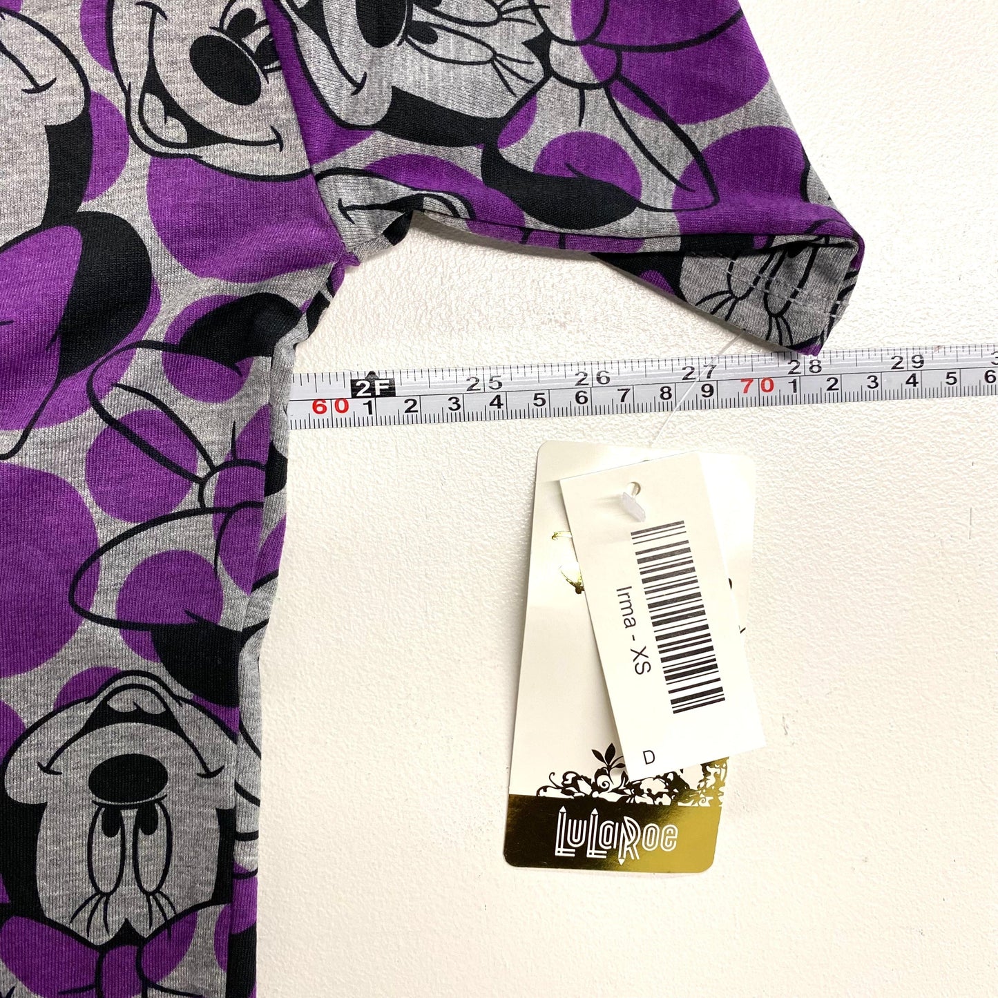 LuLaRoe Womens XS Irma ’Minnie Mouse’ Gray/Purple S/s Tunic Top NWT