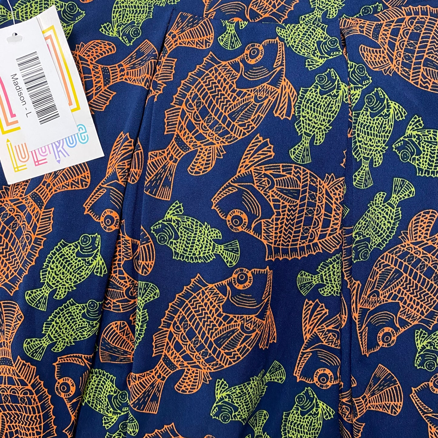 LuLaRoe Madison Pleated Skirt w/Pockets | L (14-16) | Navy/Aqua/Orange Fish | NWT