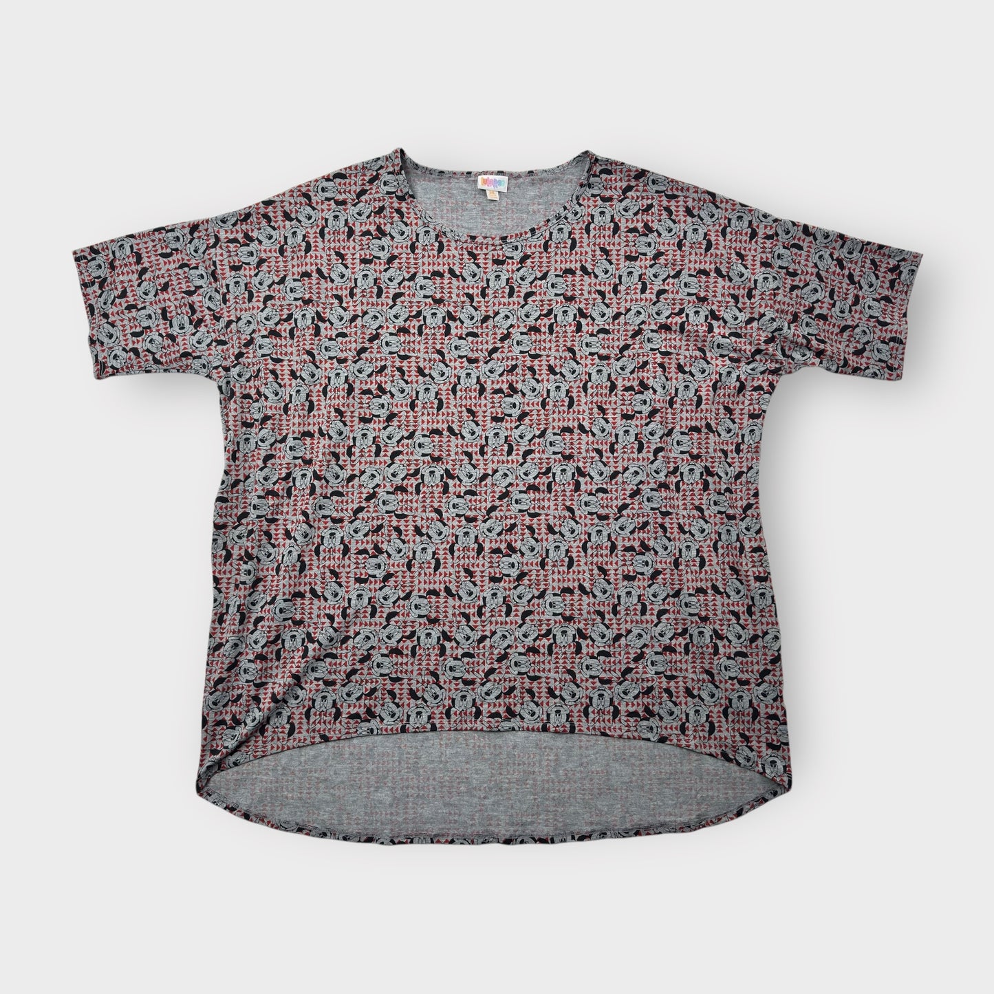 LuLaRoe Irma Tunic Top - Minnie Mouse Gray - Women's 3XL (24-26) - High-Low Hem - Short Sleeve