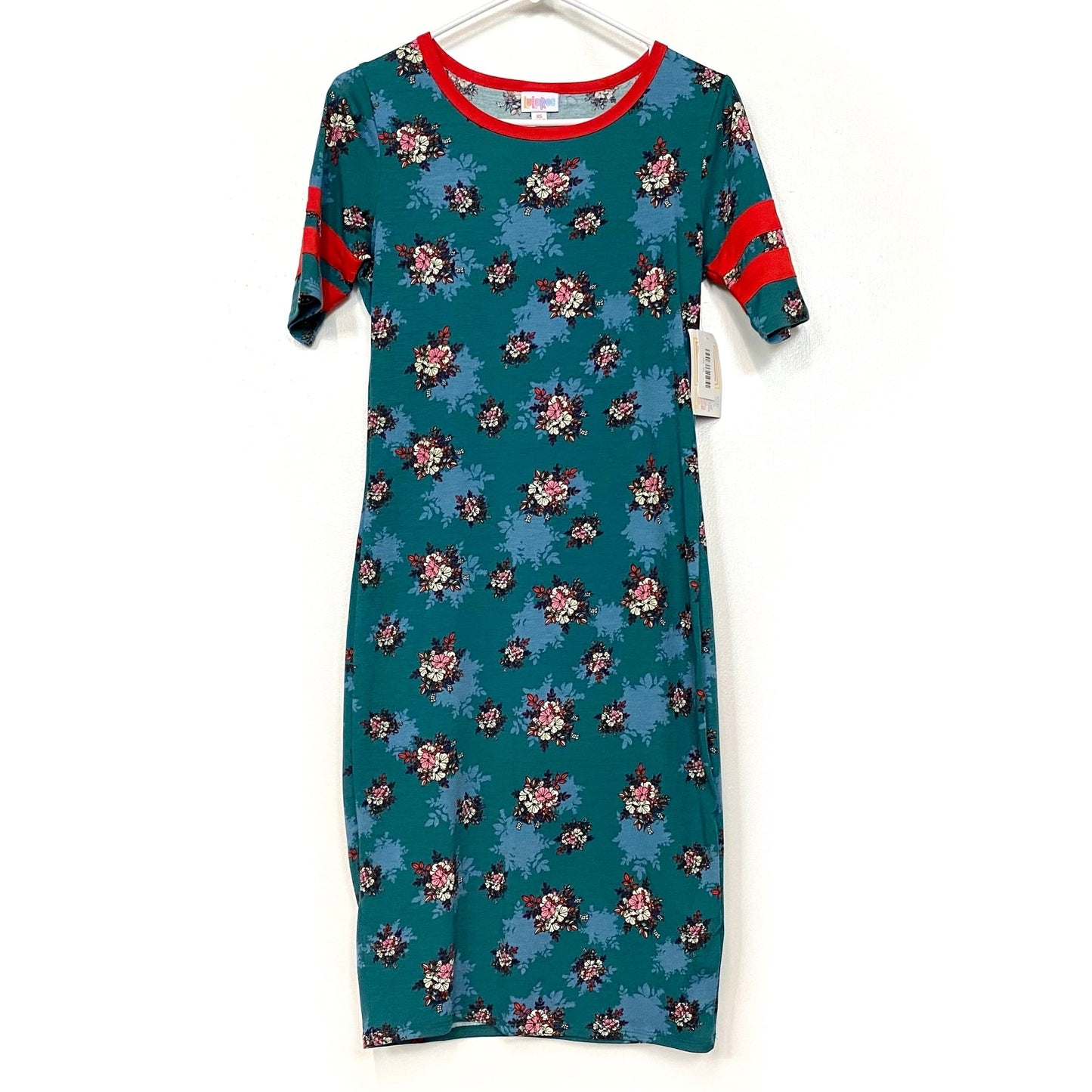 LuLaRoe Julia Bodycon Dress | XS (2-4) | Green/Red | Ringer/Floral | NWT