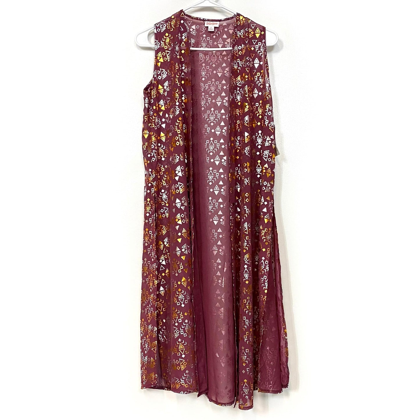 LuLaRoe Womens Size S ELEGANT Red/Gold/Silver Joy Geometric Duster Vest Sleeveless NWT