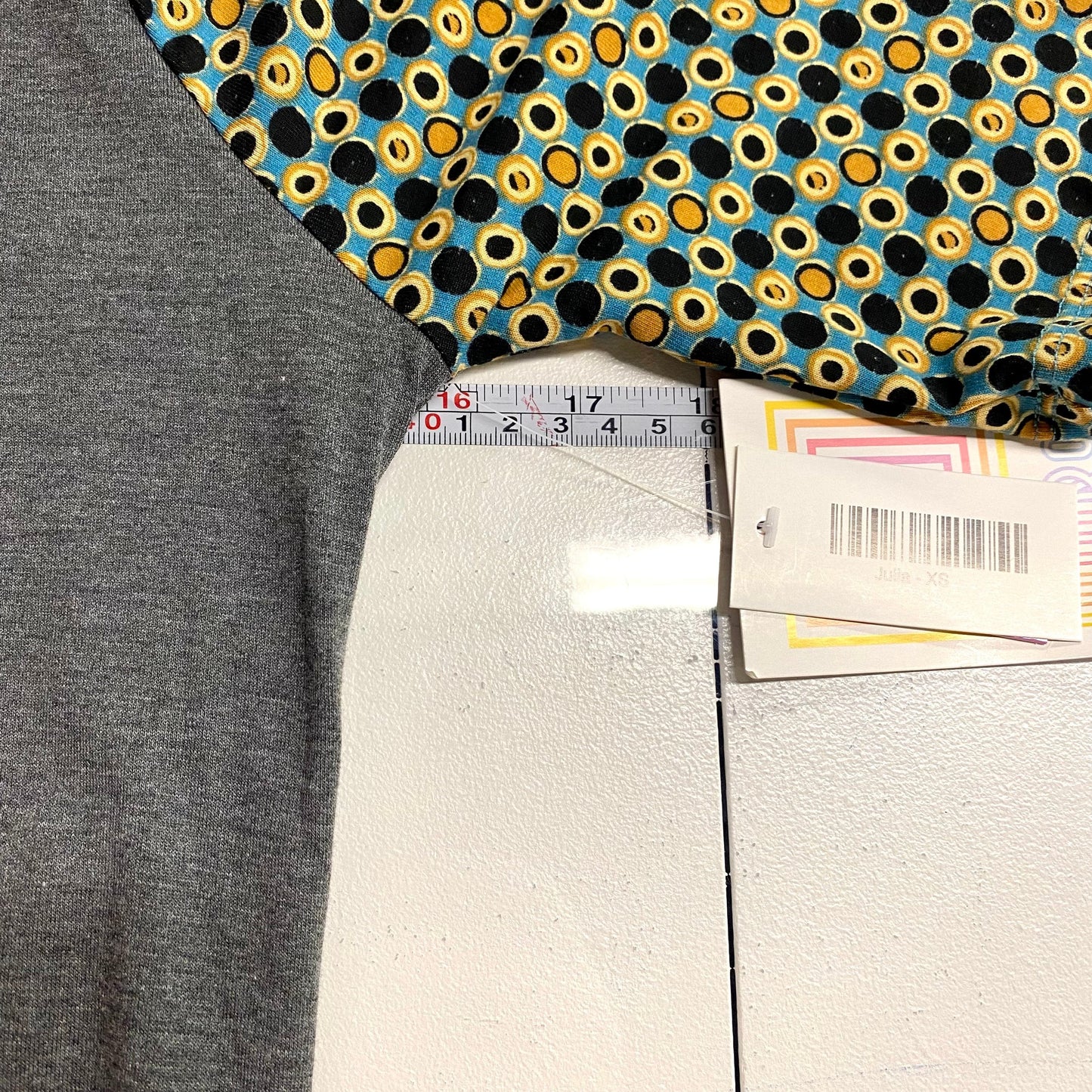 LuLaRoe Julia Bodycon Dress | XS (2-4) | Gray/Blue/Yellow | Spots | NWT