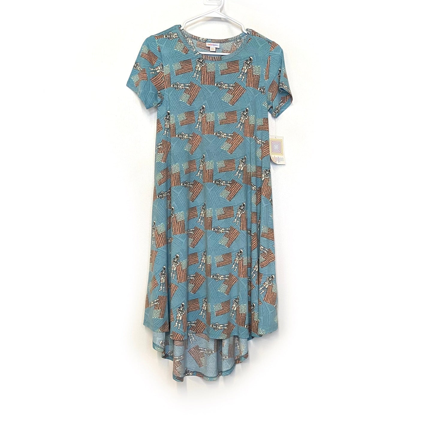 LuLaRoe Womens XXS Blue/Multicolor Astronauts 'Carly' S/s Swing Dress NWT