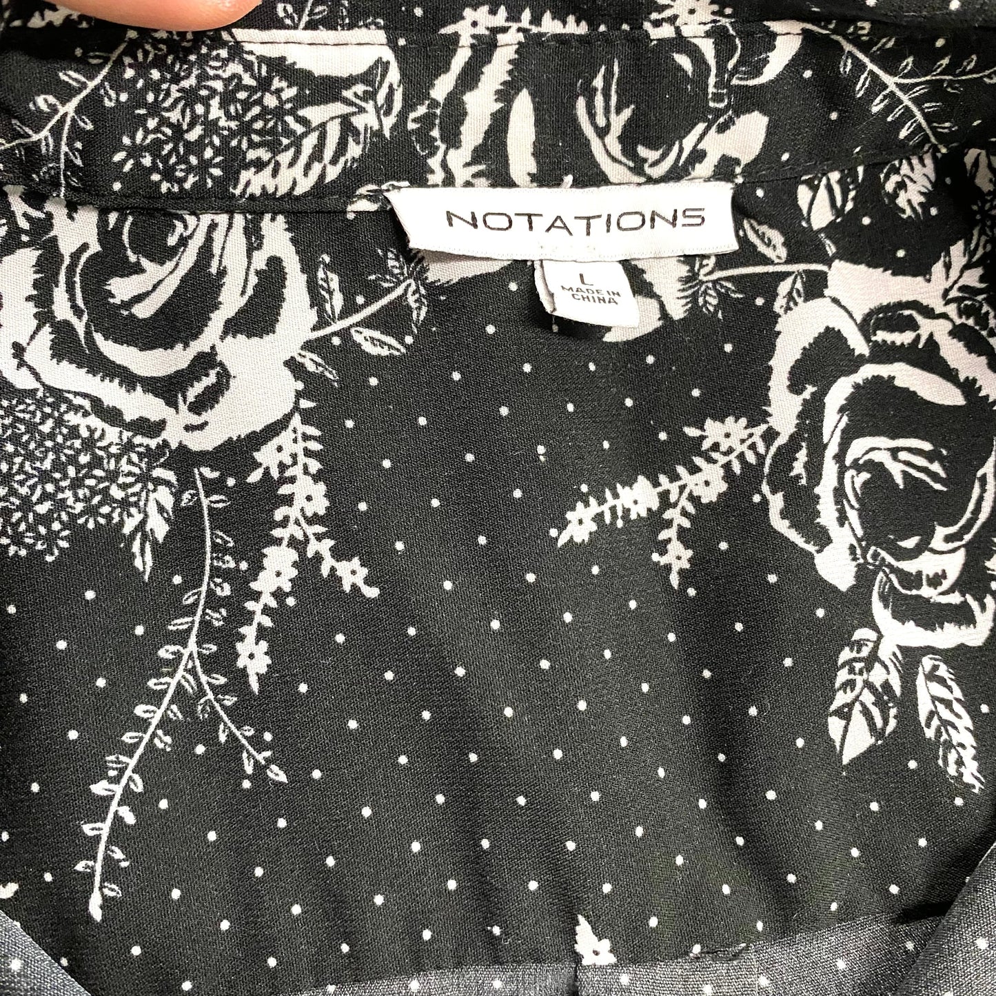 Notations Women's White & Black Pin Dot Floral Top - Size L - Short Sleeve