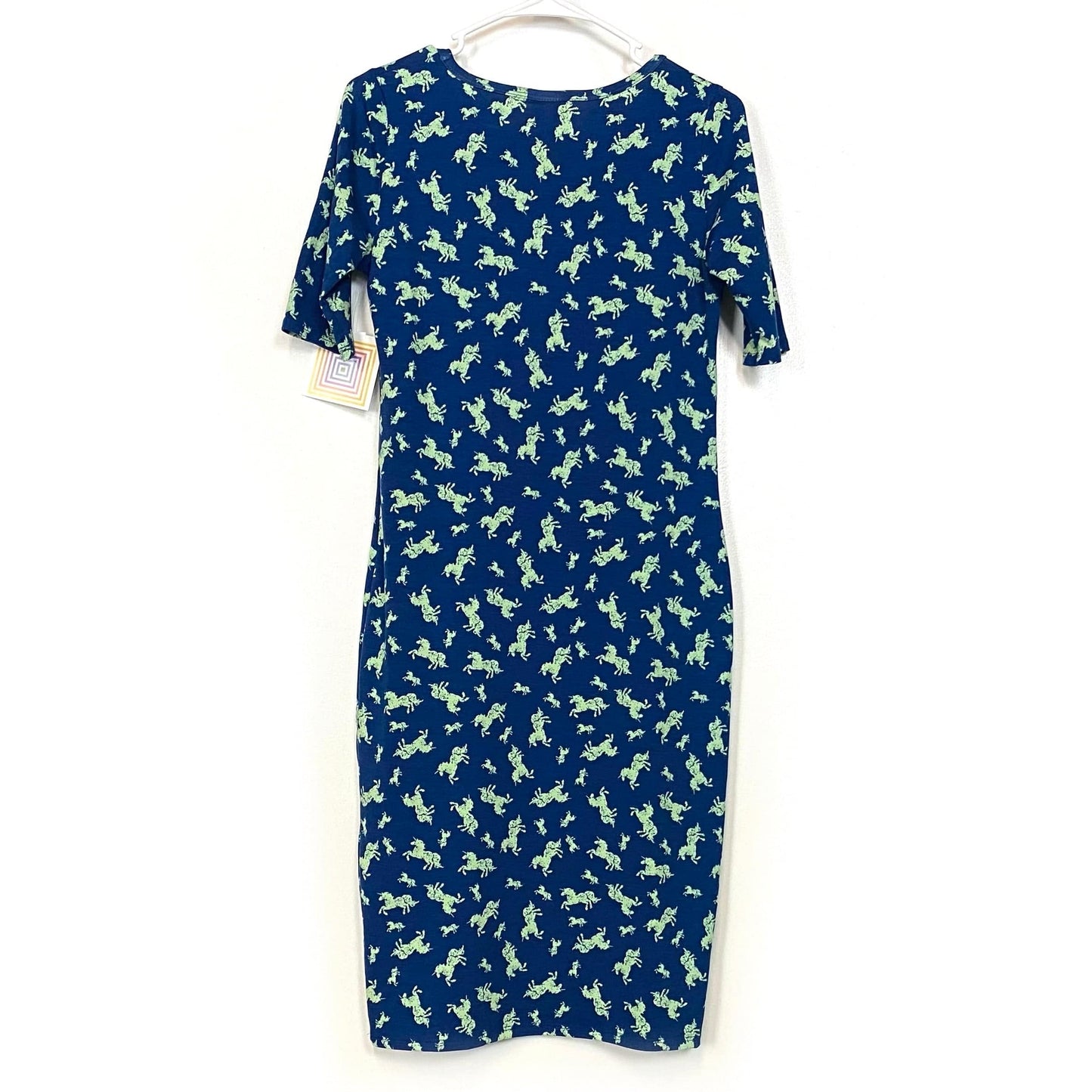 LuLaRoe Julia Bodycon Dress | S (4-6) | Blue/Green | Unicorns | NWT