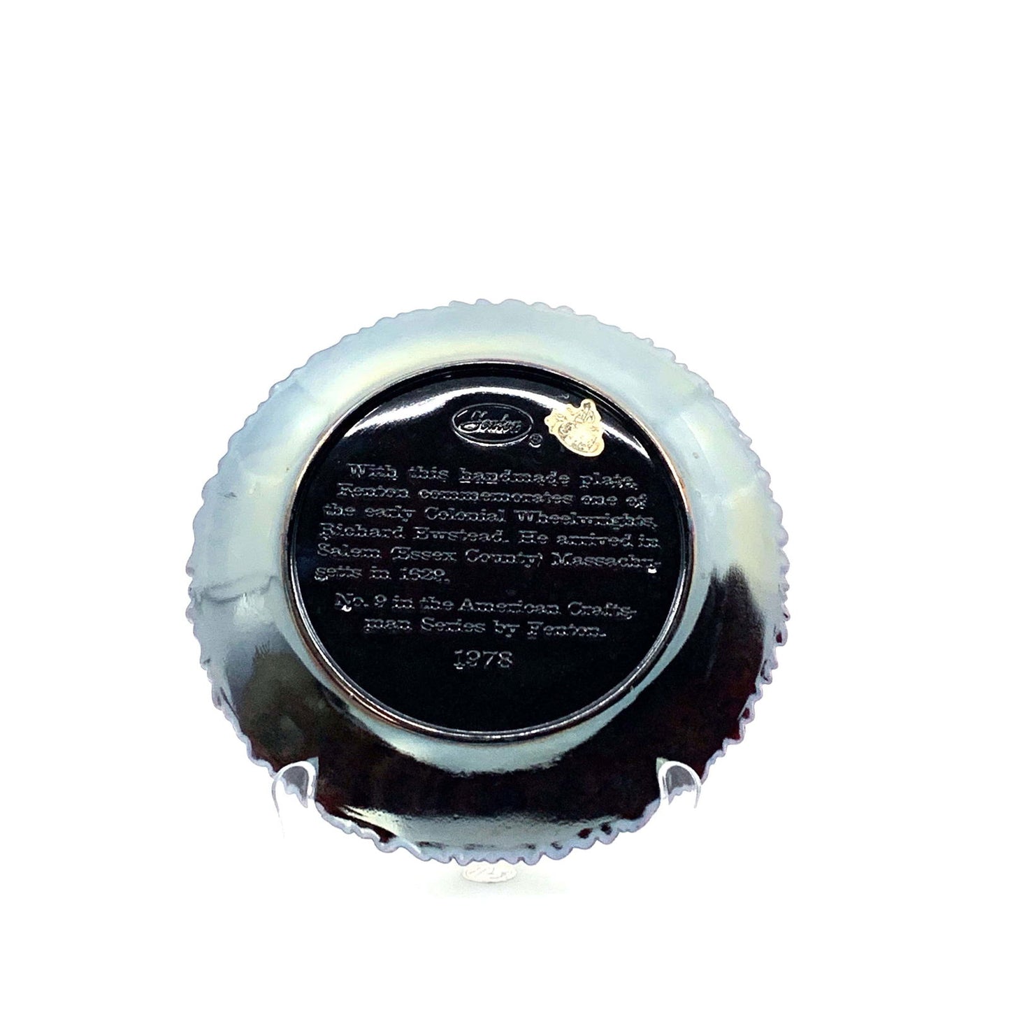 1978 Fenton Glass Collector Plate No. 9 In The Annual Series Early Craftsman of English America - | Buy at Parsimony Shoppes