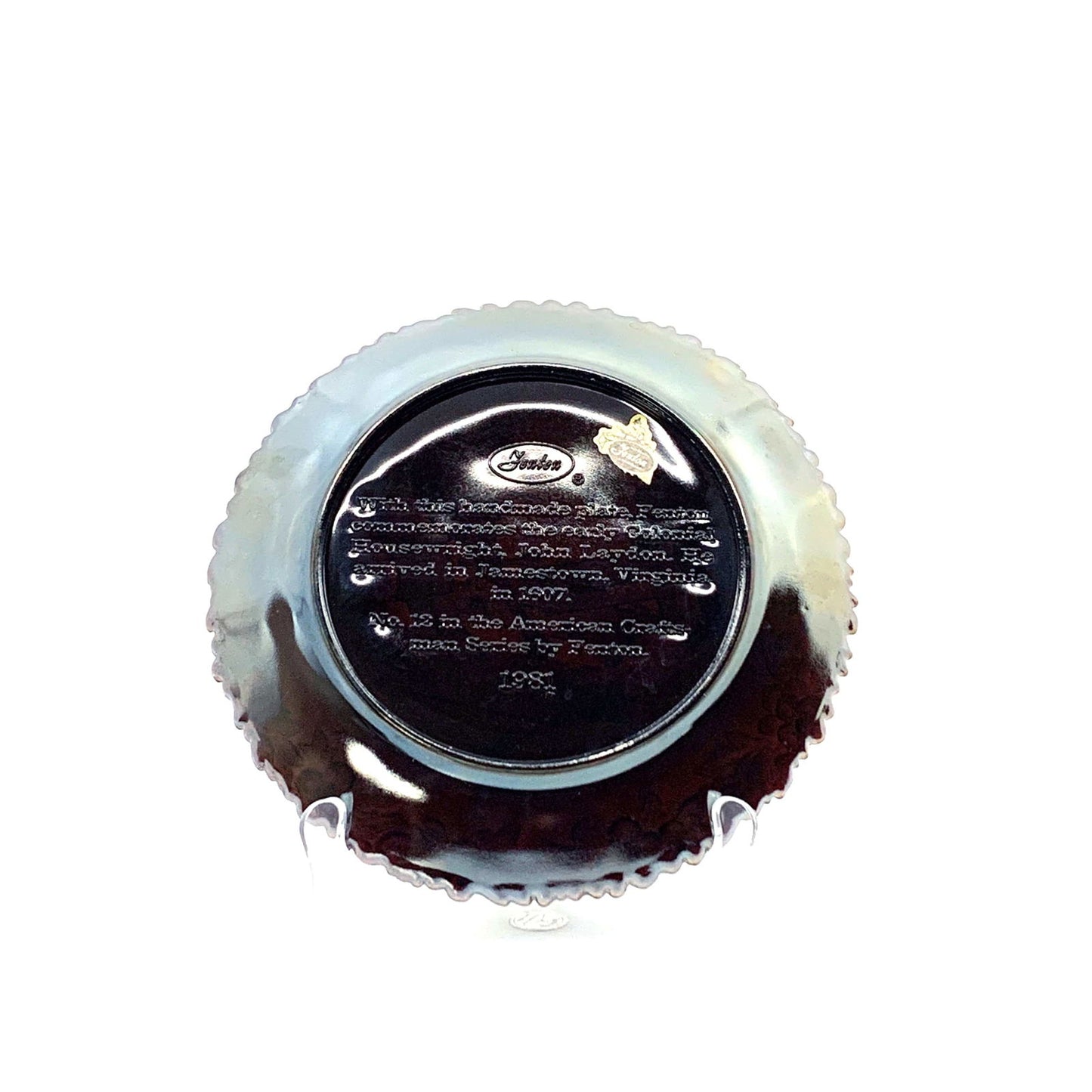 1981 Fenton Glass Collector Plate No. 12 In The Annual Series Early Craftsman of English America - | Buy at Parsimony Shoppes