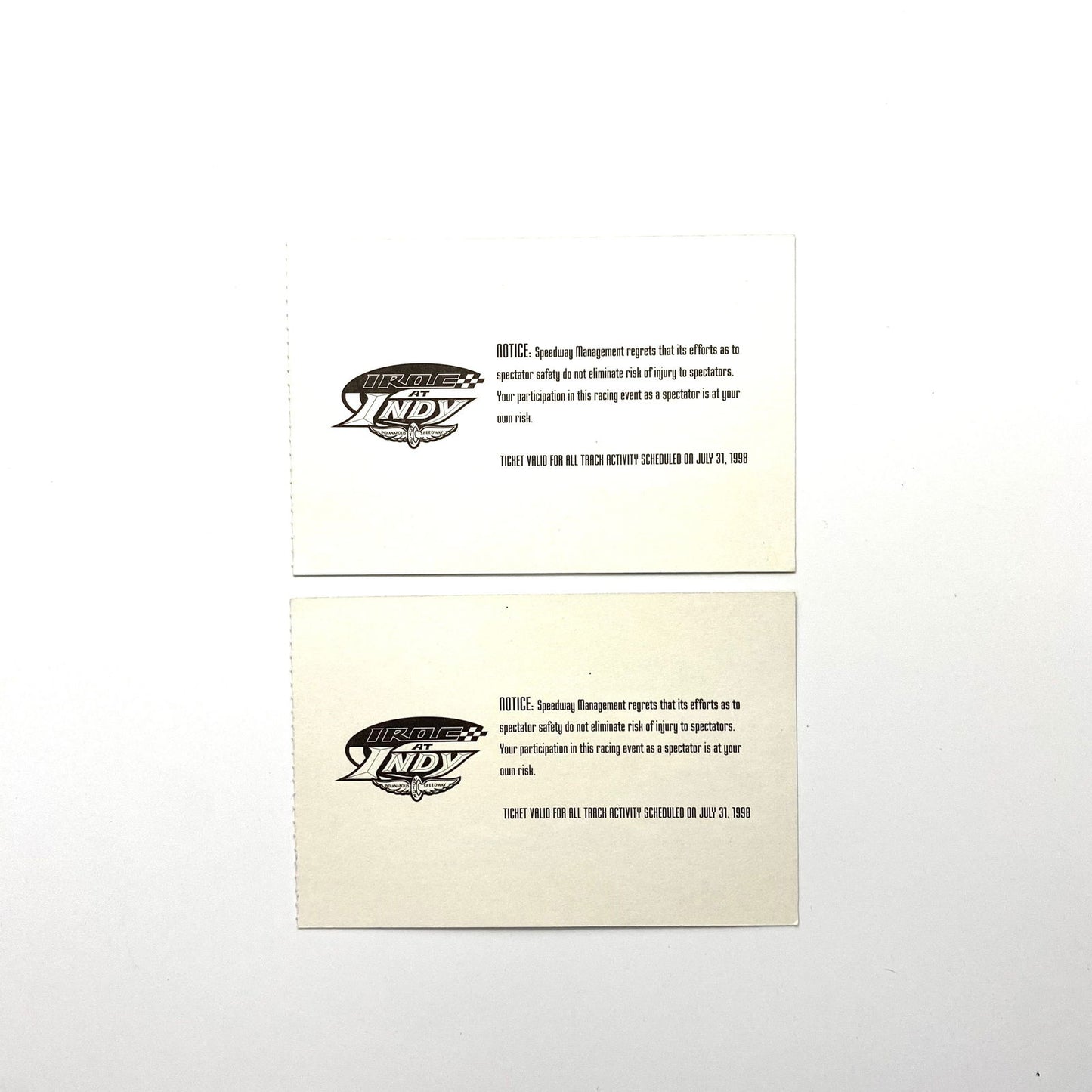 1998 IROC at INDY Indianapolis Motor Speedway EMPLOYEE Ticket Stubs, Set of - | Buy at Parsimony Shoppes