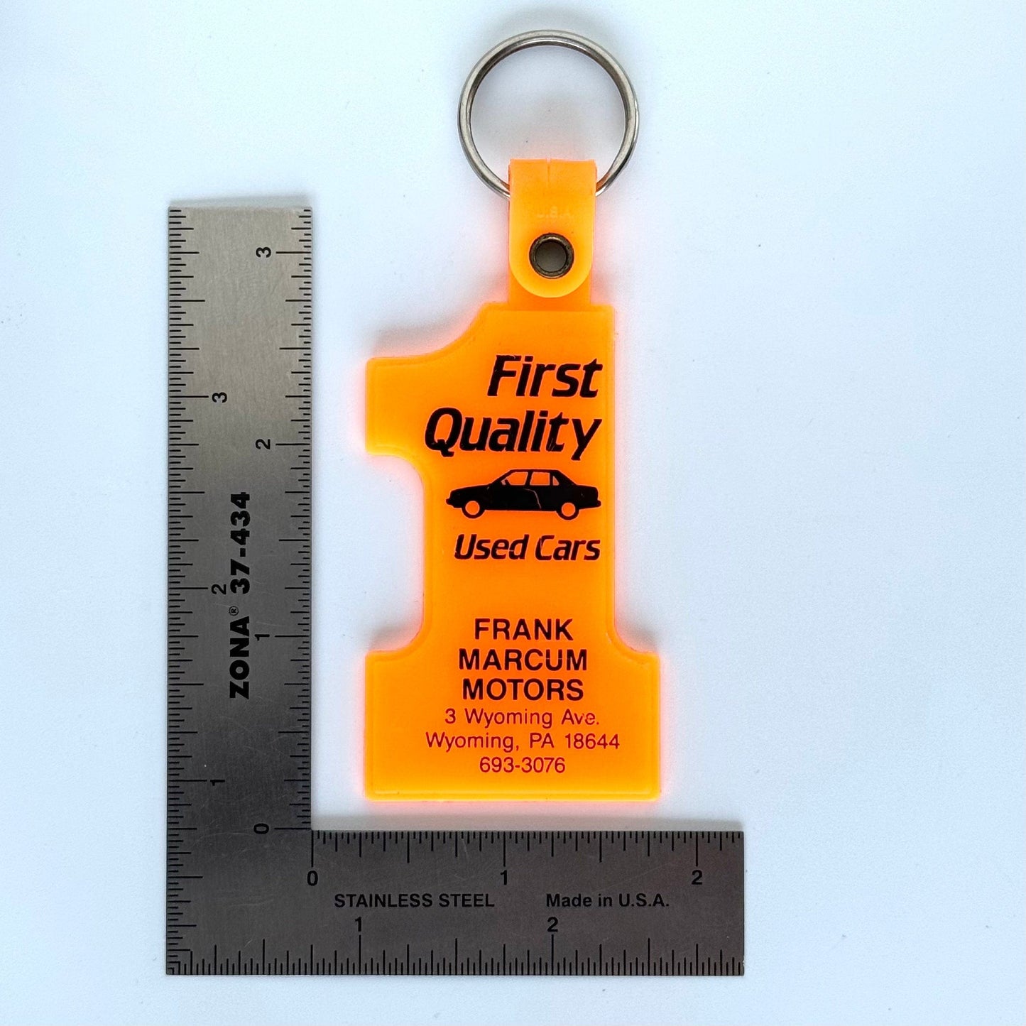 Vintage ‘Frank Marcum Motors - Wyoming, PA’ Keychain Key Ring Neon Orange Plastic #1 Pre-Owned