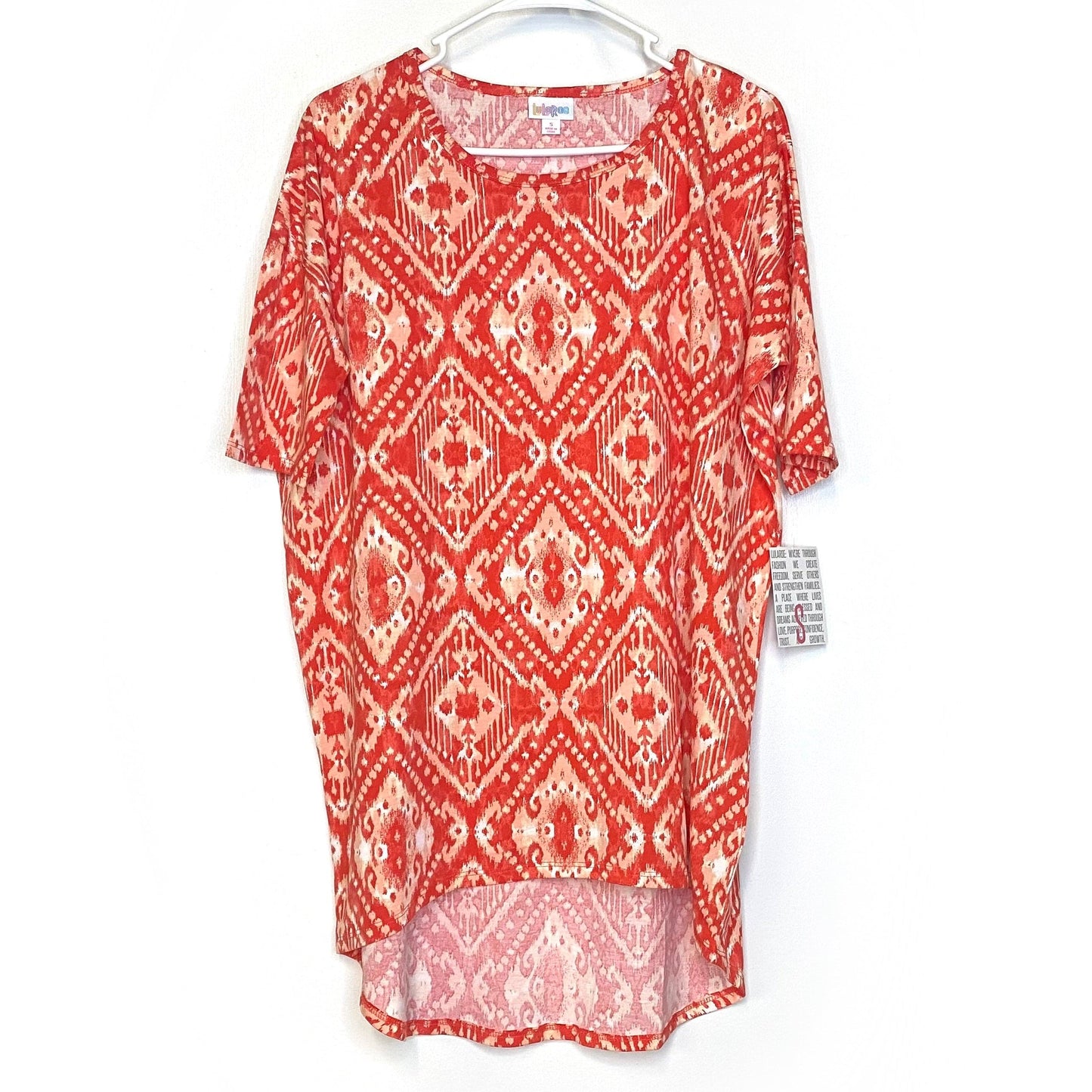 LuLaRoe Womens S Irma Orange/White Ikat Pattern S/s Tunic Top NWT