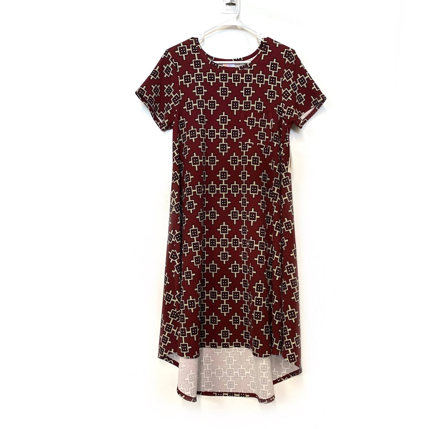 LuLaRoe Womens M Brick Red/Cream Aztec Shapes 'Carly' S/s Swing Dress NWT