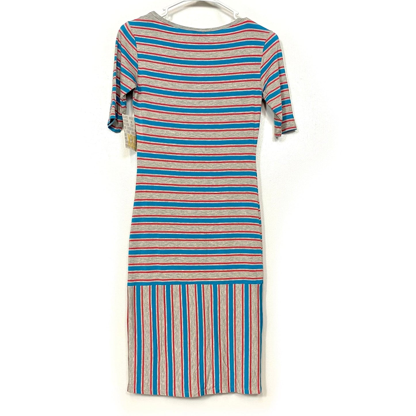LuLaRoe Julia Bodycon Dress | XXS (00-0) | Gray/Red/Blue | Striped | NWT