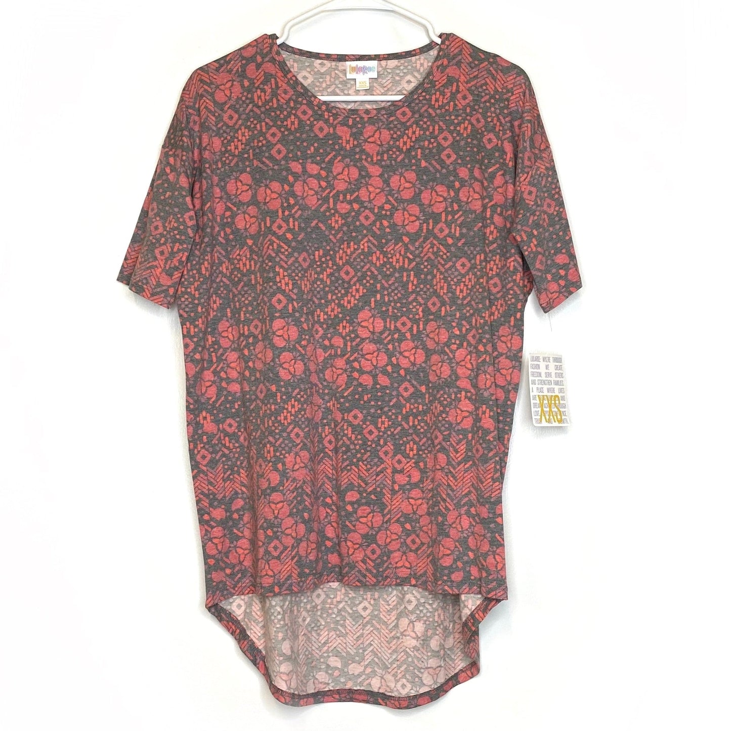 LuLaRoe Womens XXS Irma Pink/Gray Trefoil Pattern S/s Tunic Top NWT