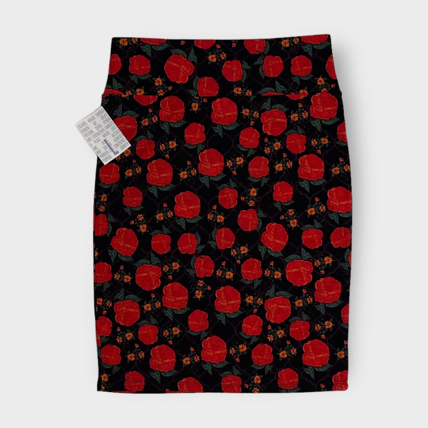 LuLaRoe Cassie Pencil Skirt | L (14-16) | Black/Red Roses | NWT