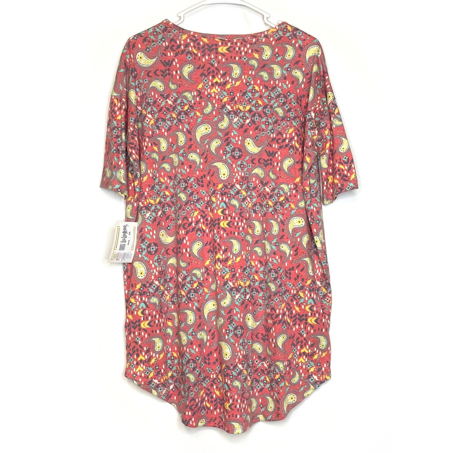 LuLaRoe Womens XS Irma Yellow/Red Paisley Pattern S/s Tunic Top NWT