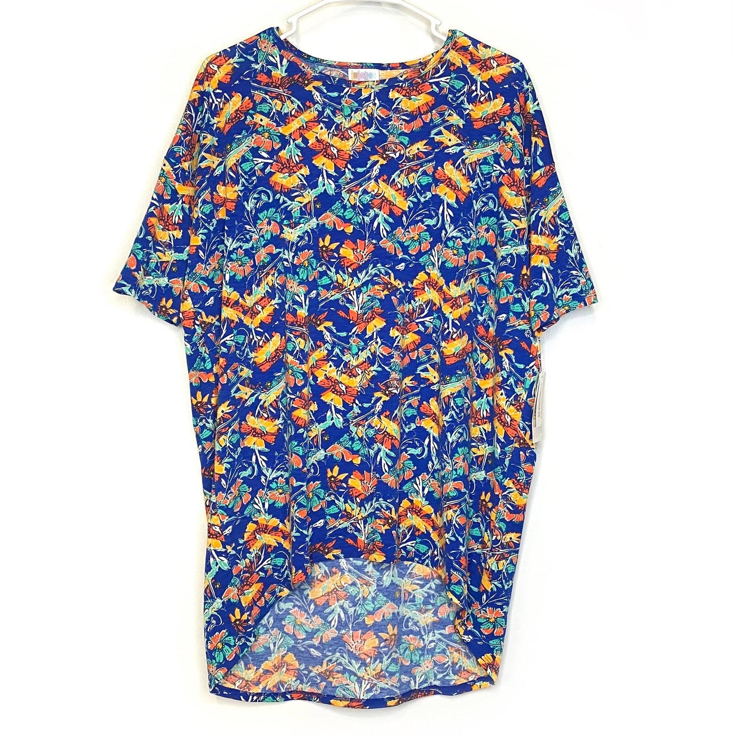 LuLaRoe Womens S Irma Blue/Yellow/orange Chevron/Botanical S/s Tunic Top NWT