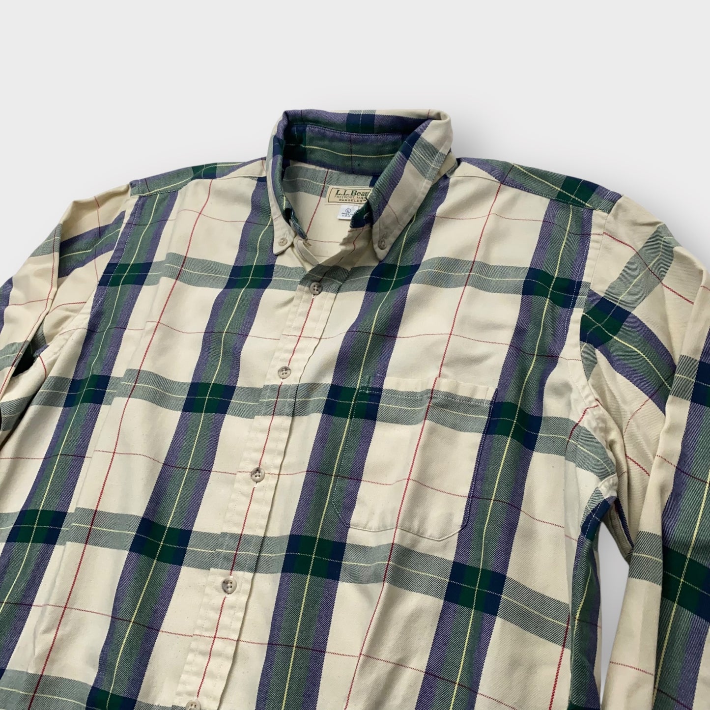 LL Bean Men's Size L Ivory Green Blue Plaid Flannel Button-Up Shirt