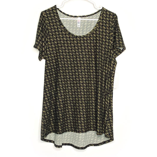 LuLaRoe Womens L Black/Yellow Honeycomb/Geometric Classic T S/s Top | NWT