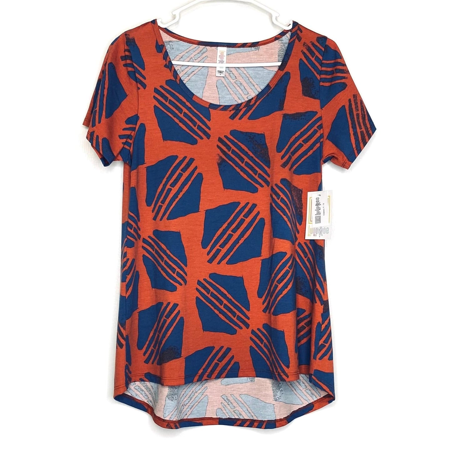 LuLaRoe Womens S Orange/Blue Carved Stamp Classic T S/s Top NWT