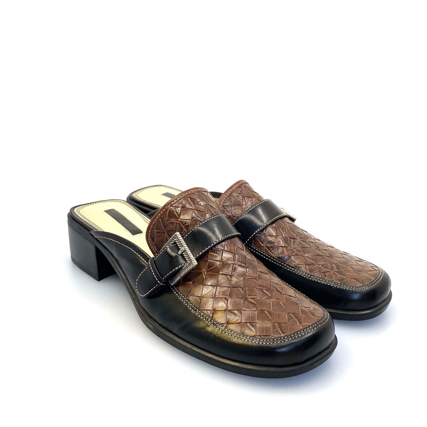 Stunning UNISA Womens Black/Brown Size 9 Weave Dress Mules Shoes w/Buckle