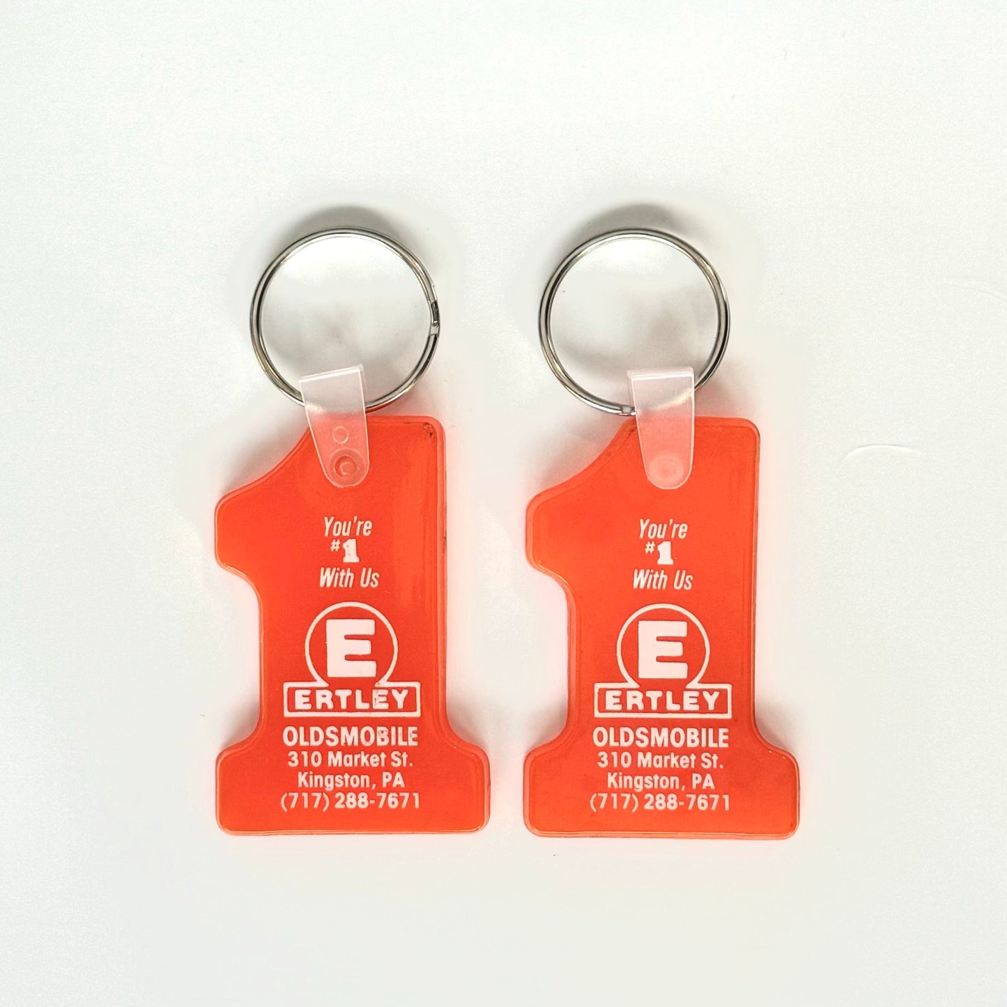 Pair of (2) Vintage ‘Ertley Oldsmobile - Kingston, PA’ Orange Keychain Key Ring Rubber #1
