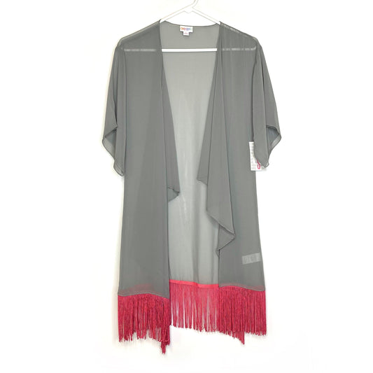 LuLaRoe Womens Size S (0-12) Gray/Pink Colorblock ‘Monroe’ Kimono Fringe Cover-Up NWT