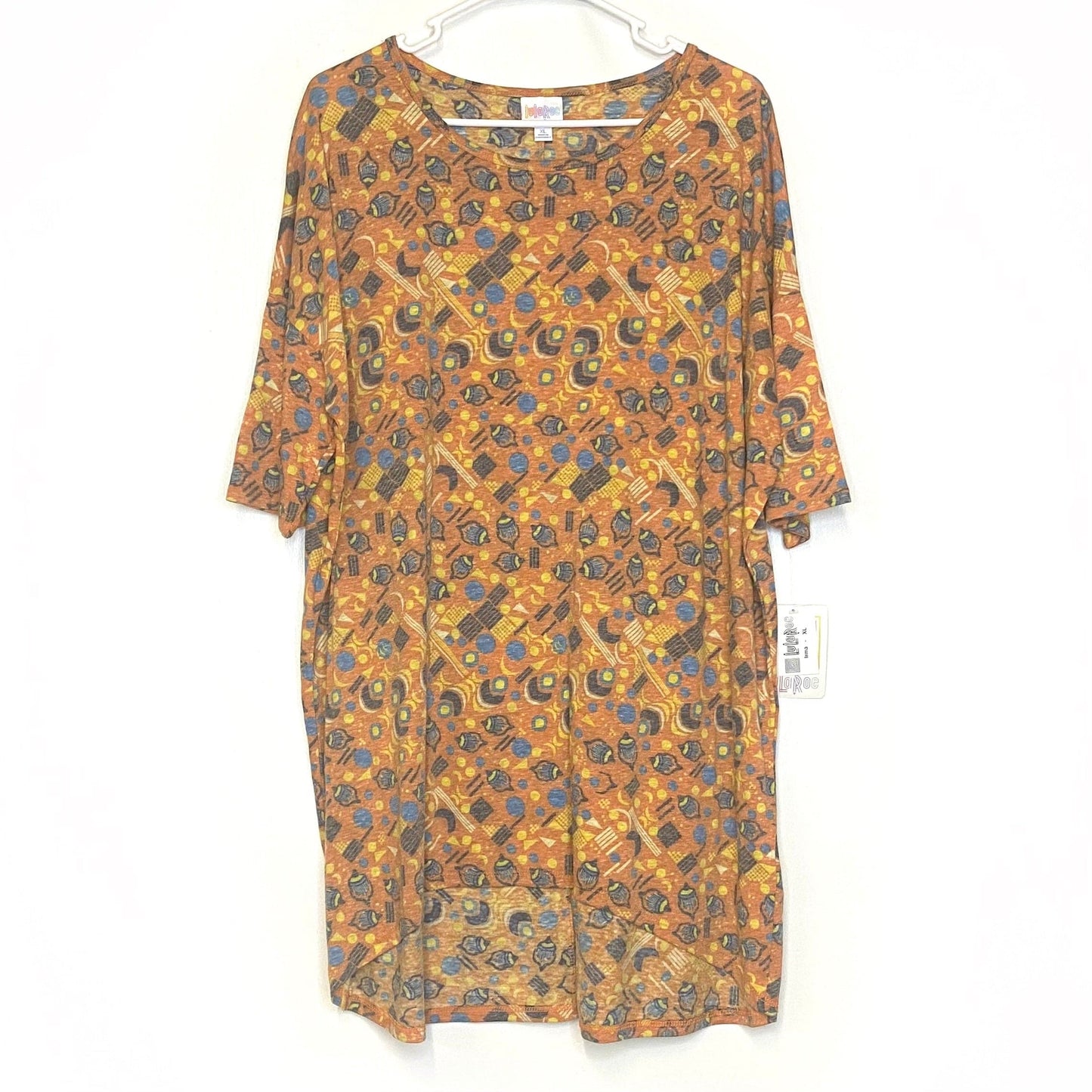 LuLaRoe Womens XL Irma Orange/Yellow/Blue Retro Pattern S/s Tunic Top NWT