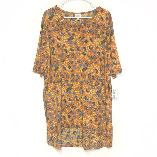LuLaRoe Womens XL Irma Orange/Yellow/Blue Retro Pattern S/s Tunic Top NWT