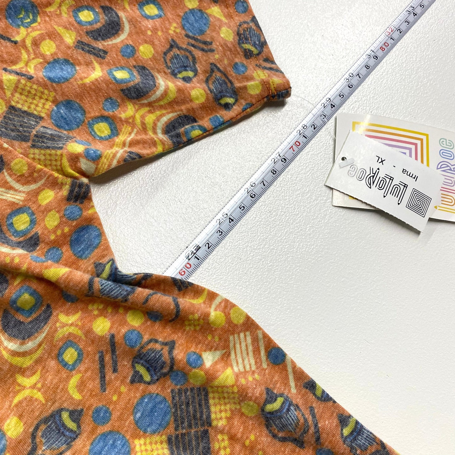 LuLaRoe Womens XL Irma Orange/Yellow/Blue Retro Pattern S/s Tunic Top NWT
