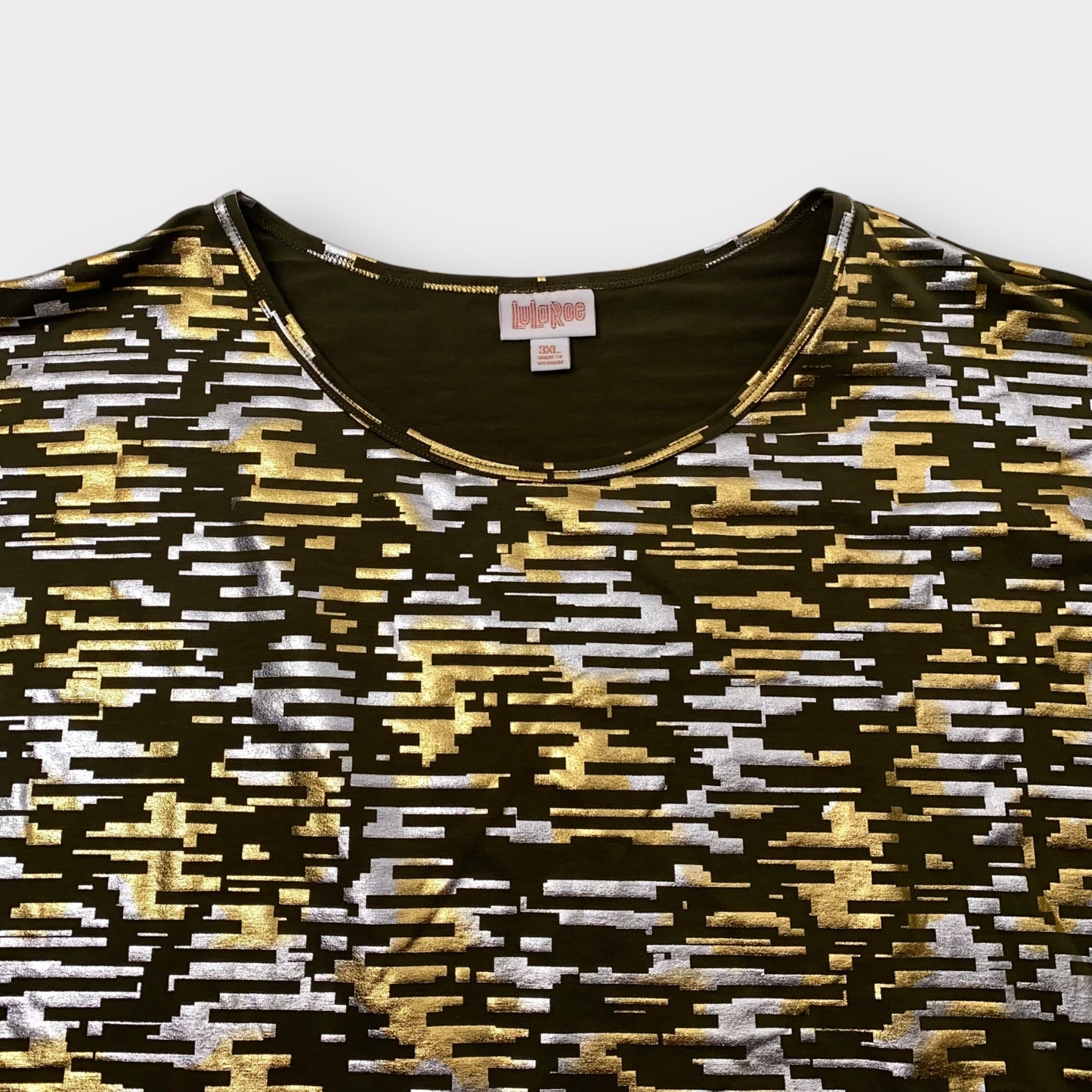 LuLaRoe Irma Tunic Top - Green Gold Silver Abstract - Women's 3XL (24-26) - High-Low Hem