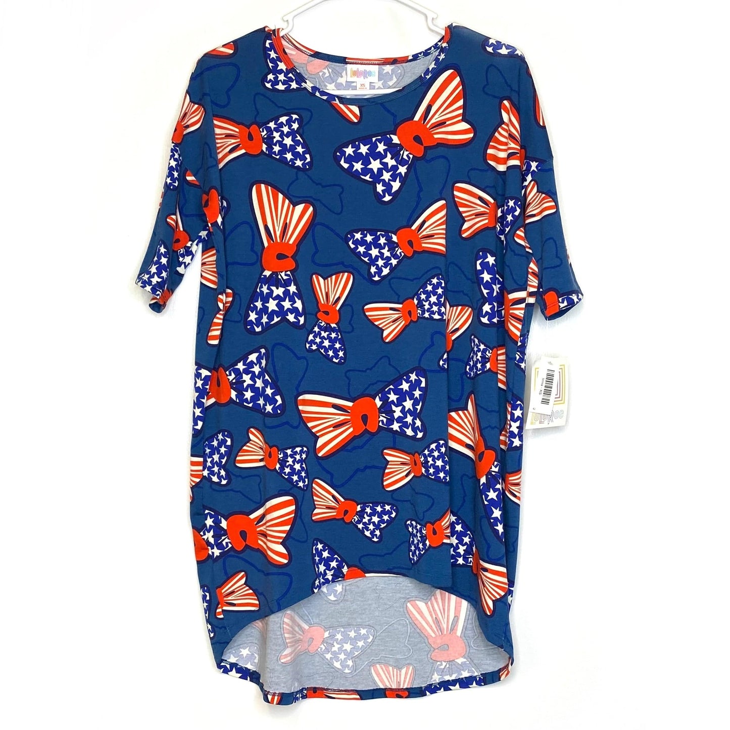 LuLaRoe Womens XS Irma Red/White/Blue American Flag Bows S/s Tunic Top NWT