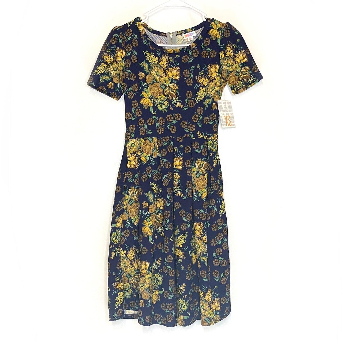 LuLaRoe Womens XS Amelia Navy Blue/Yellow Floral Dress S/s NWT