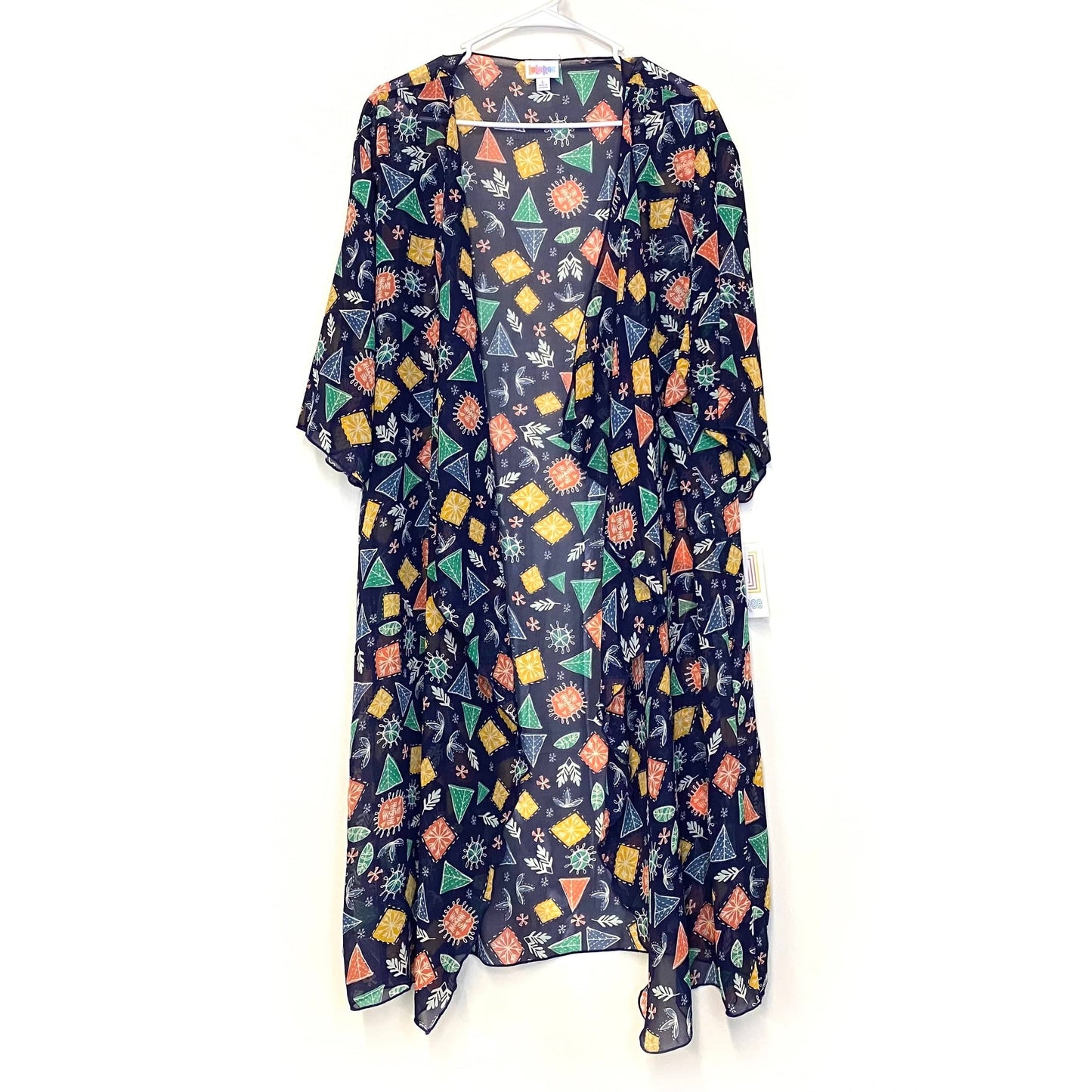 LuLaRoe Womens Size L Blue Shirley Floral/Geometric Kimono Cover Up L/s NWT