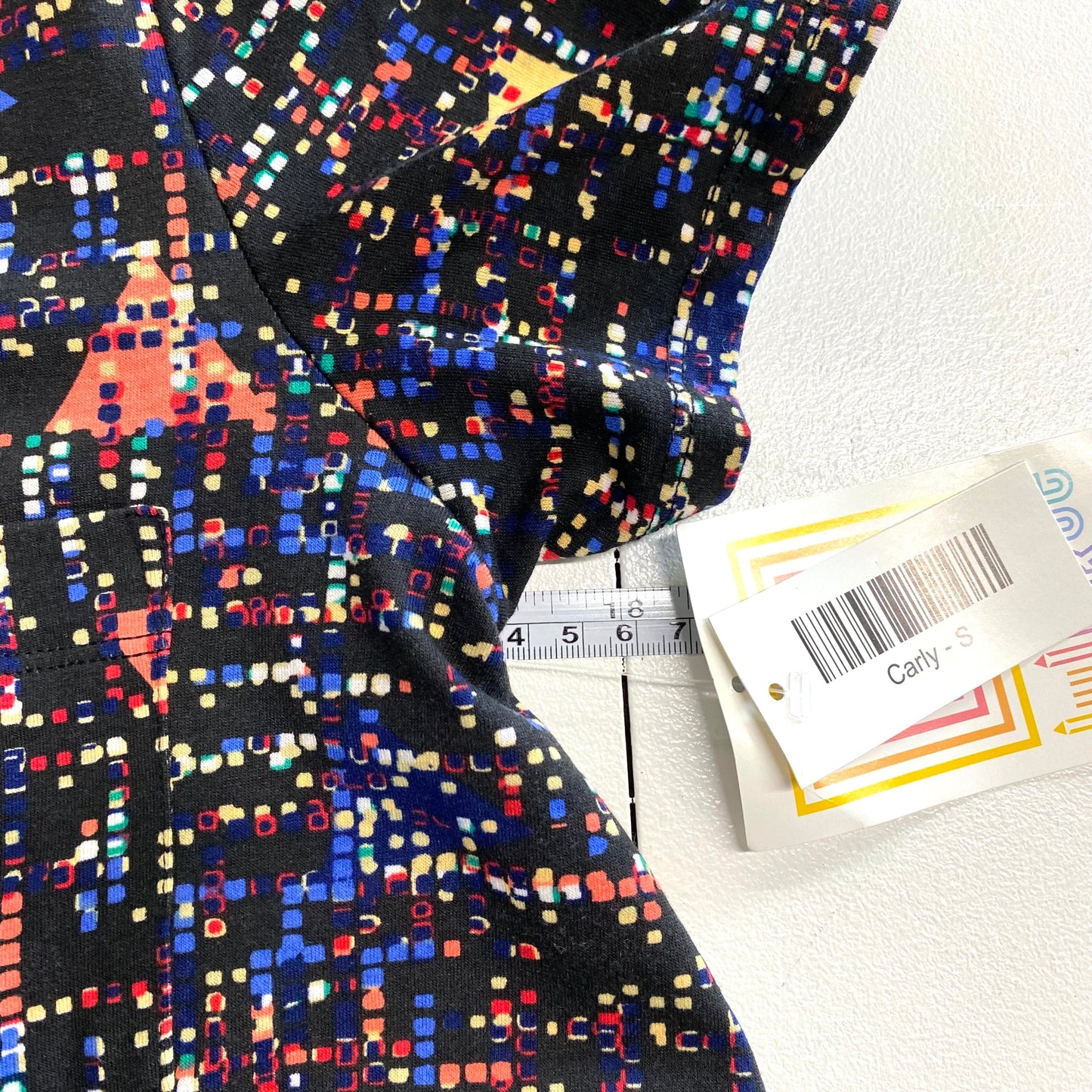 LuLaRoe Womens S Black/Blue/Orange Digital Dots 'Carly' S/s Swing Dress NWT