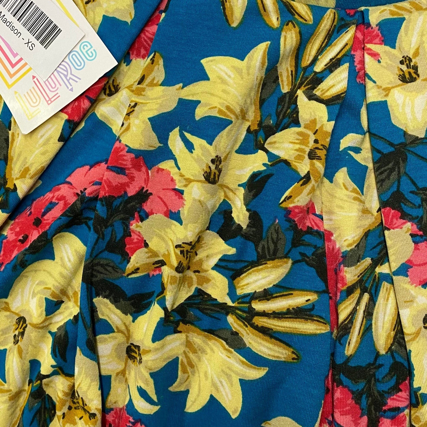 LuLaRoe Madison Pleated Skirt w/Pockets | XS | Blue/Yellow/Red Floral | NWT