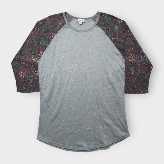 LuLaRoe Randy Baseball Tee XL (16-18) - Heather Gray with Dark Paisley Print Sleeves - Soft Stretch Fabric