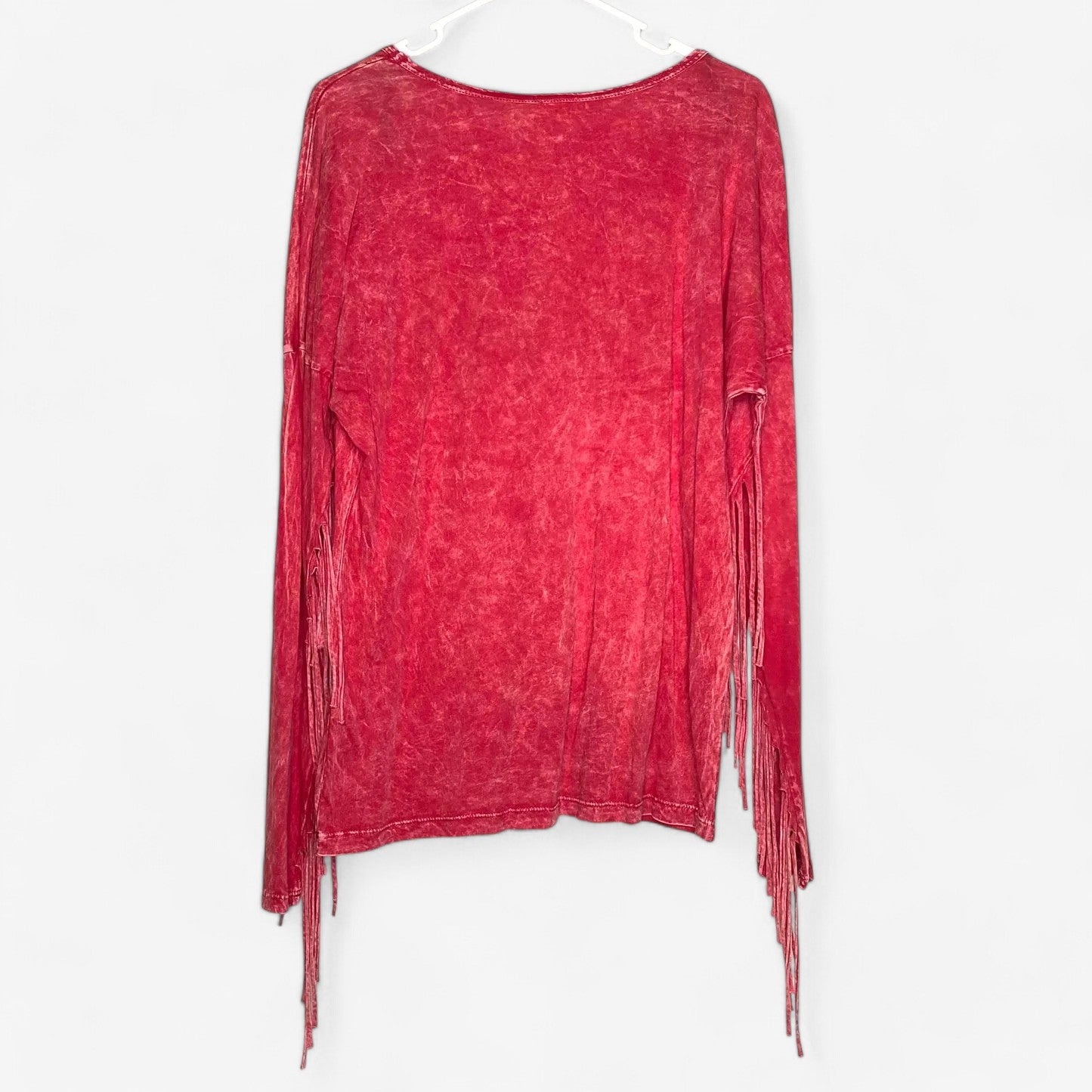 Vocal Women's Red Acid-Washed Jeweled Fringe Long Sleeve T-Shirt - Size XL