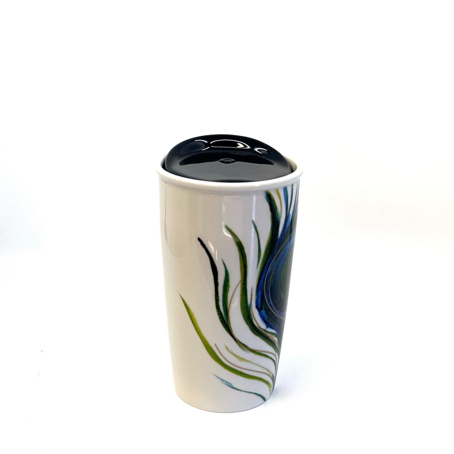 Starbucks | 2015 Ceramic Peacock Feather Mug w/Lid | Color: White/Blue | Size: 12 fl oz | RARE