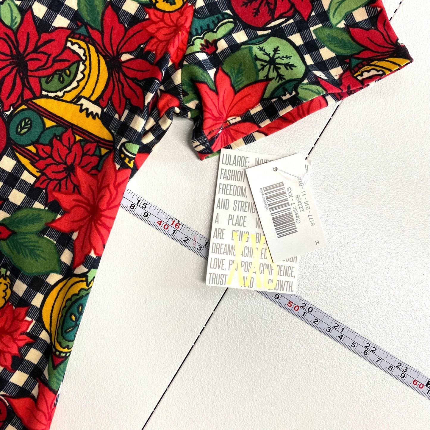 LuLaRoe XXS Red/White/Black Shepherd Check/Christmas Ornaments Classic T S/s Top NWT