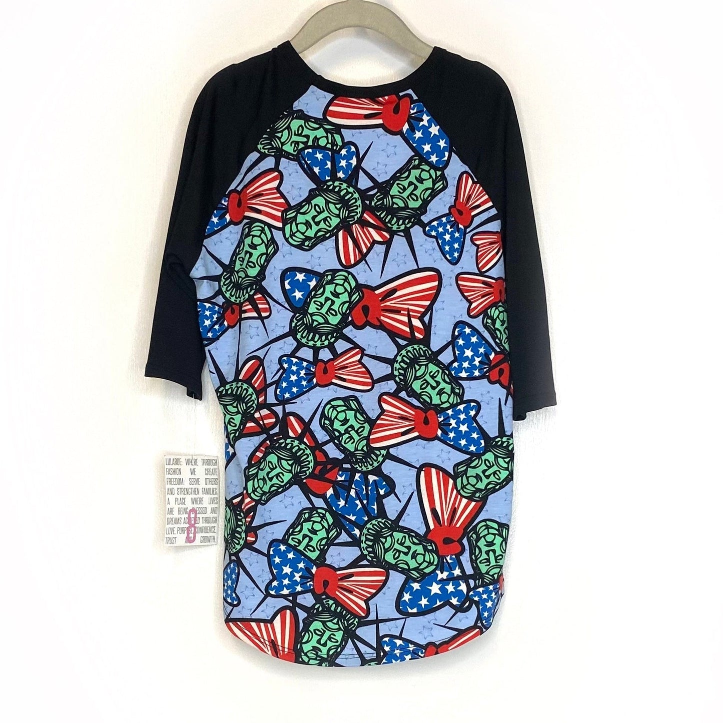 LuLaRoe Kids Unisex 8 Sloan Black/Blue ‘Lady Liberty’ Raglan T-Shirt 3/4 Sleeves NWT