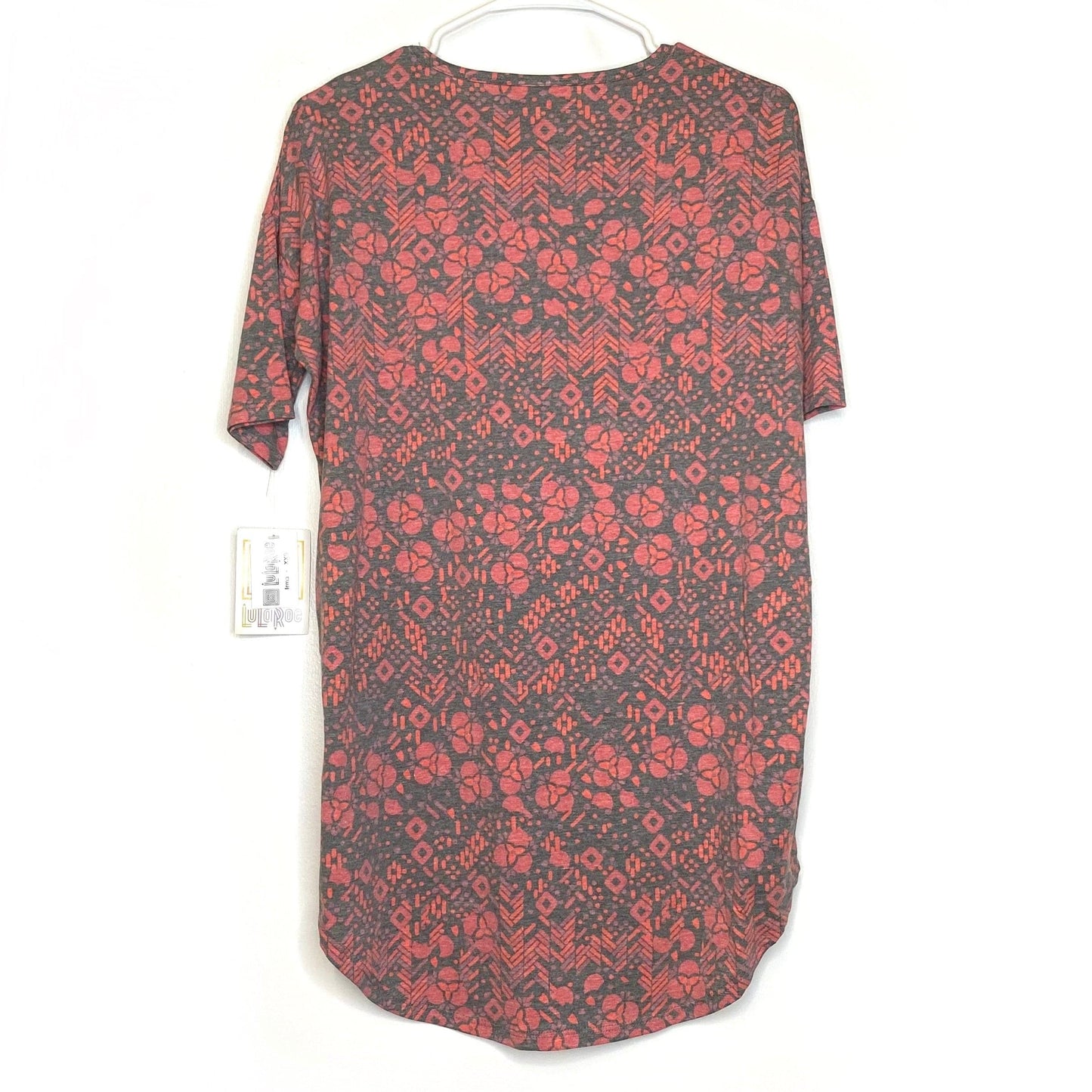 LuLaRoe Womens XXS Irma Pink/Gray Trefoil Pattern S/s Tunic Top NWT