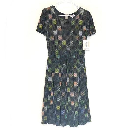LuLaRoe Womens S Amelia Multicolor Halftone Fuzzy Squares Dress S/s NWT
