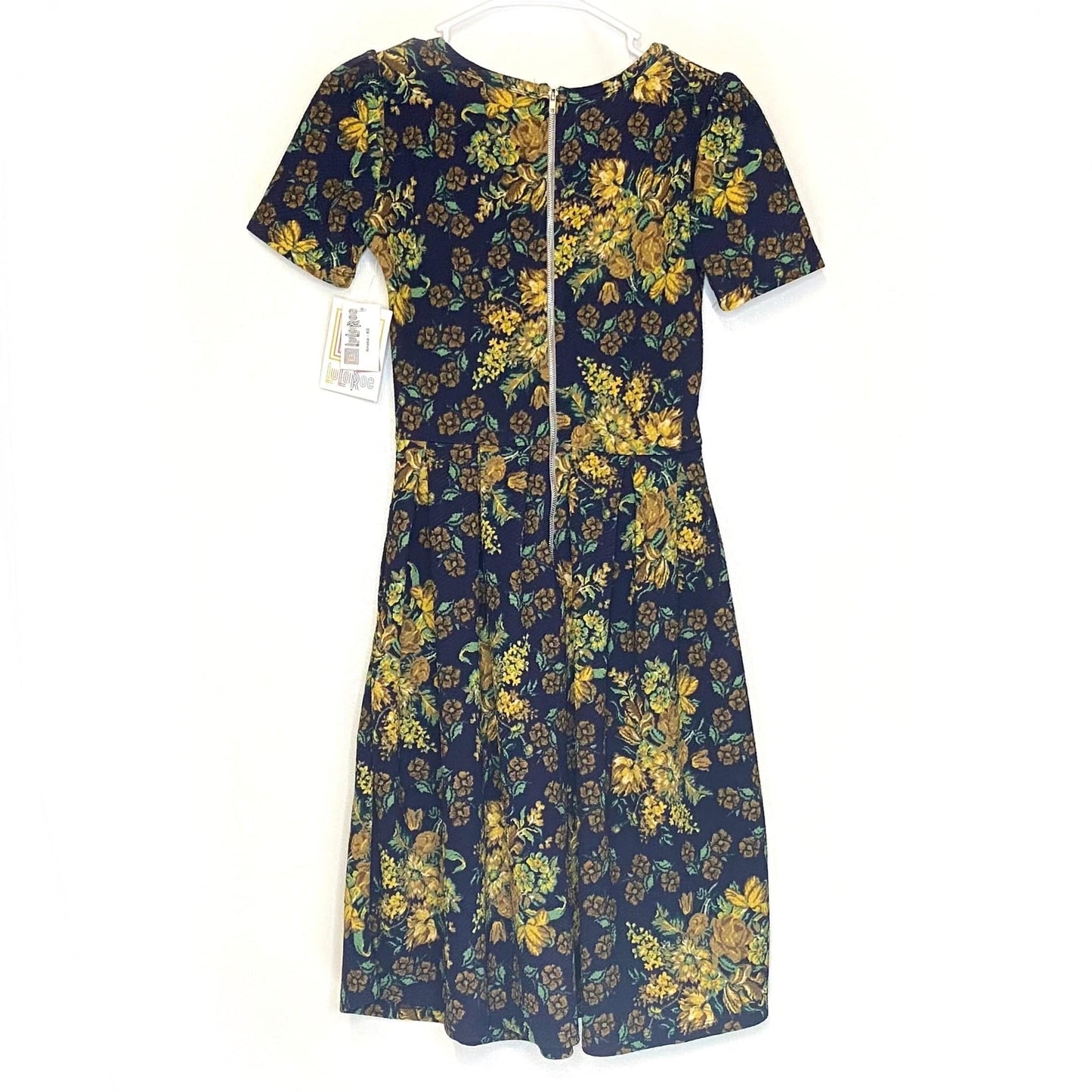 LuLaRoe Womens XS Amelia Navy Blue/Yellow Floral Dress S/s NWT