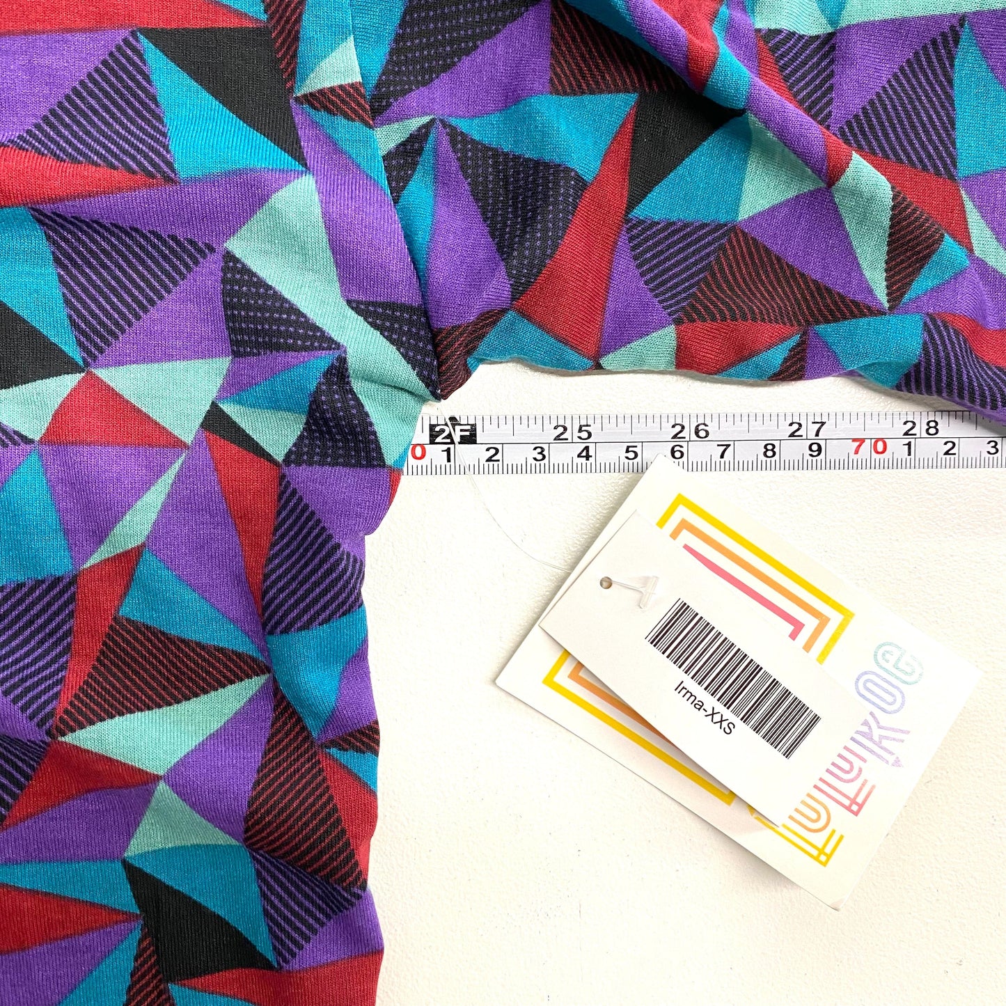 LuLaRoe Womens XXS Irma Purple/Red/Gree Geometric Triangle S/s Tunic Top NWT