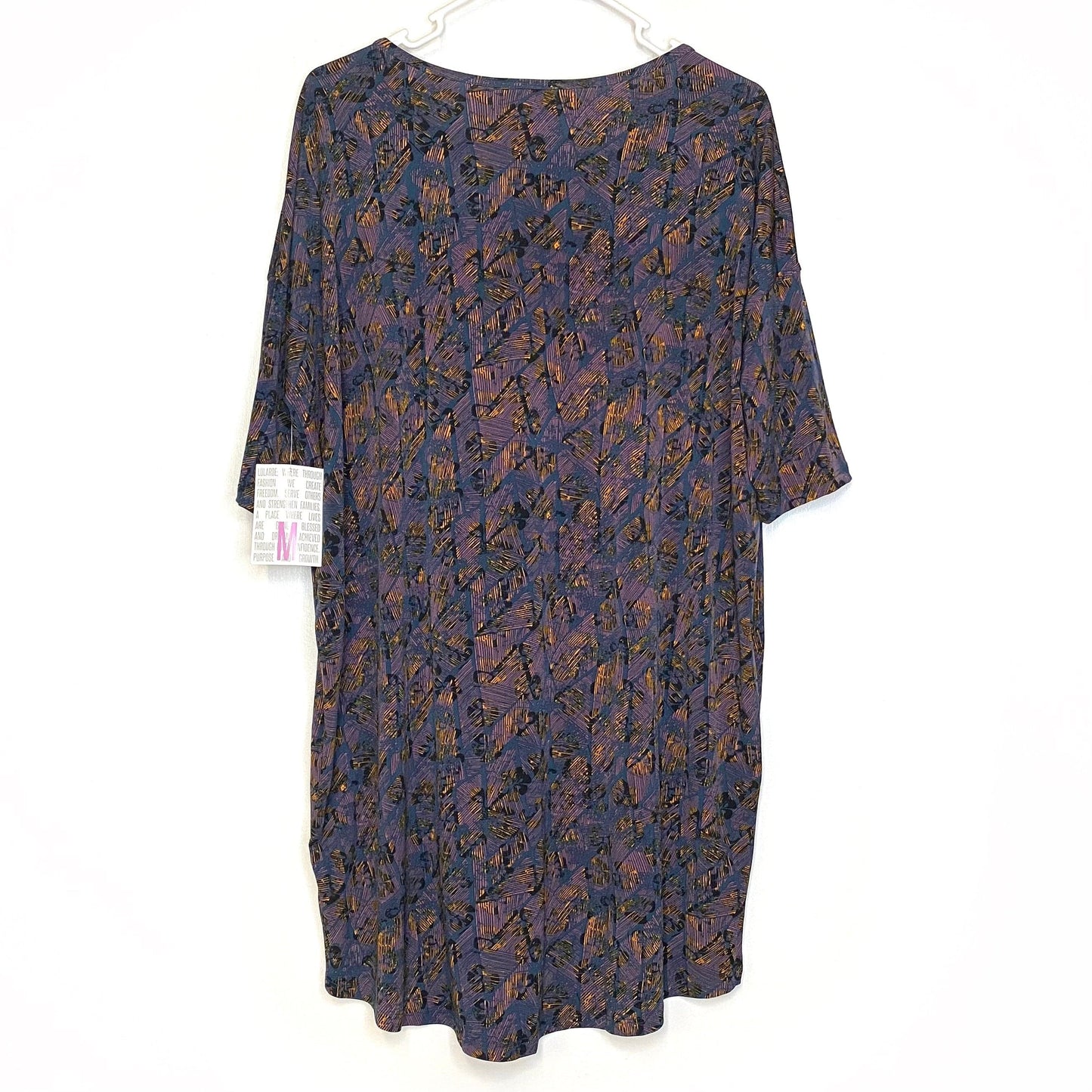 LuLaRoe Womens M Irma Purple/Yellow Hashed Triangles Pattern S/s Tunic Top NWT