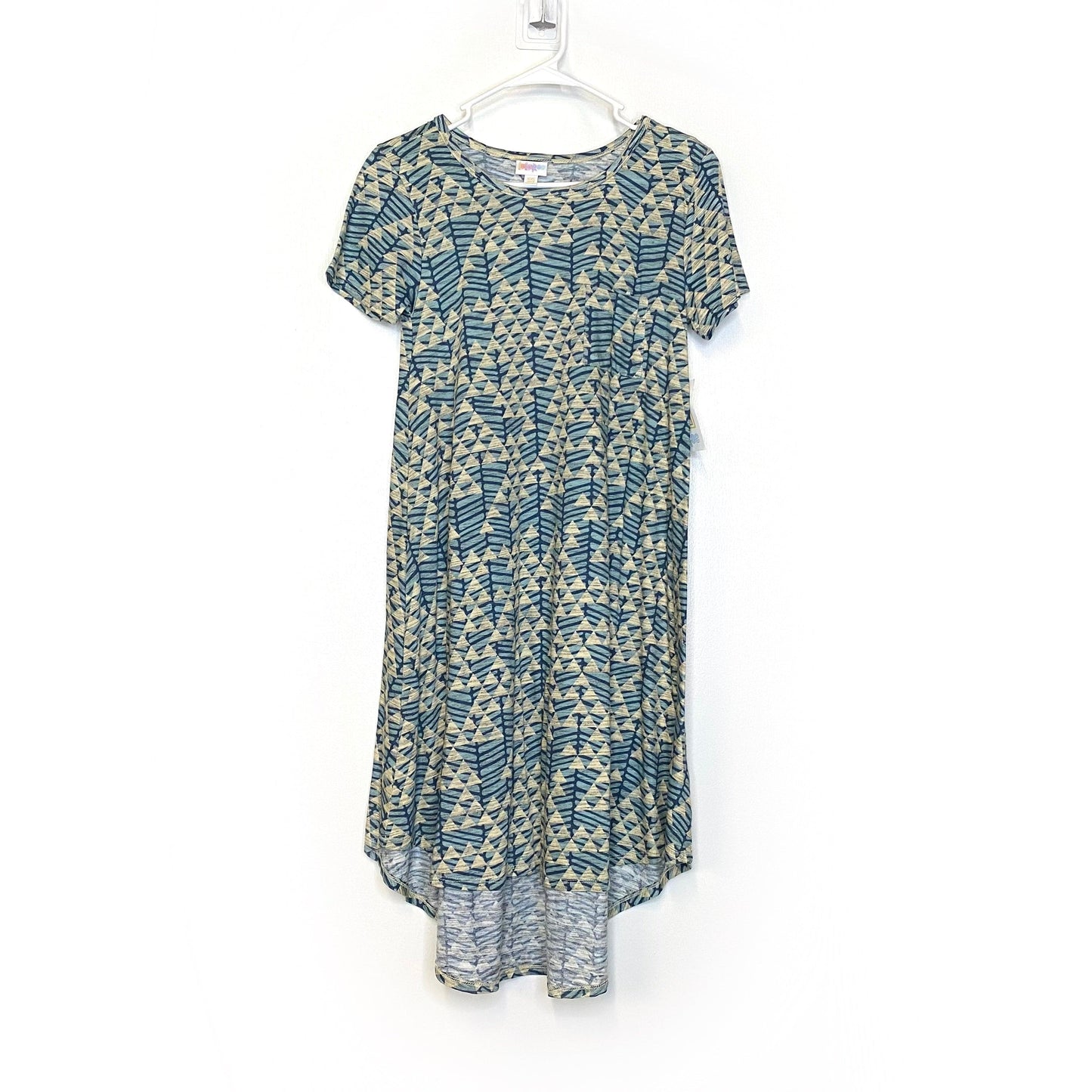 LuLaRoe Womens XXS Cream/Blue Triangle Pattern 'Carly' S/s Swing Dress NWT