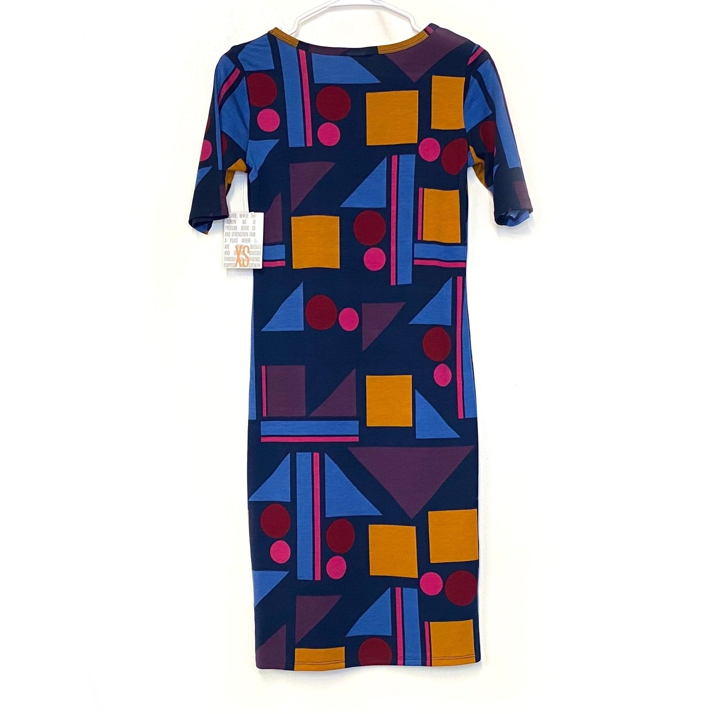 LuLaRoe Julia Bodycon Dress | XS (2-4) | Red/Orange/Blue | Geometric | NWT